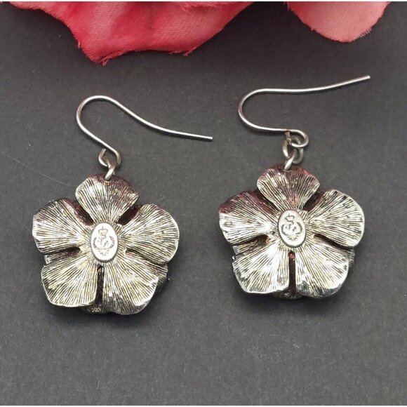 CUTE Premier Design Silver Tone Dangle 3-D Flower Earrings Crystal Centers - Picture 6 of 8